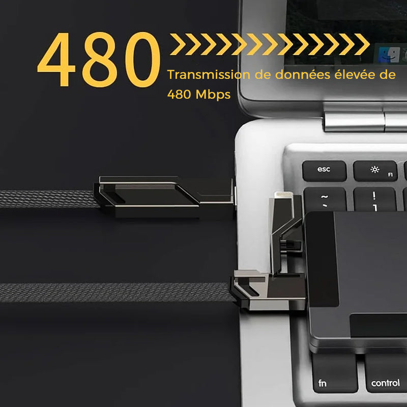 Cordon de chargeur plat tressé anti-emmêlement 4 en 1 avec velcro